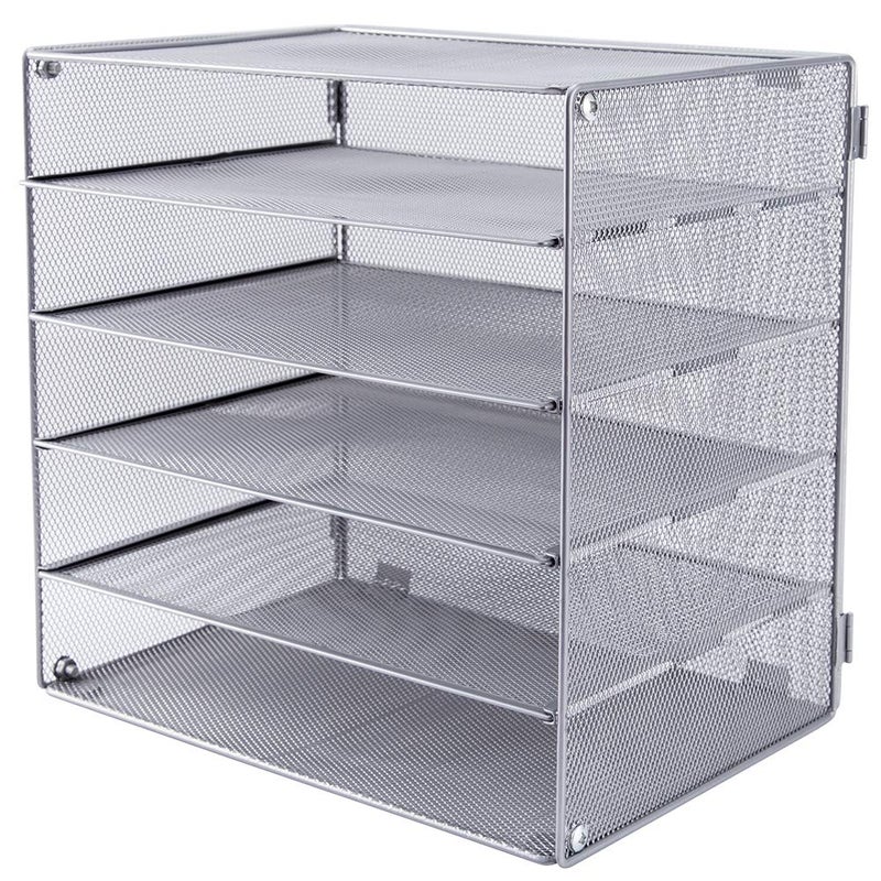EASEPRES 5 Slot Mesh Desk Organizer Tray, File Paper Letter Folder Holder Desktop Paper Sorter Mail Organization Rack Storage Accessories, for Office Home School Classroom, Silver - Image 1